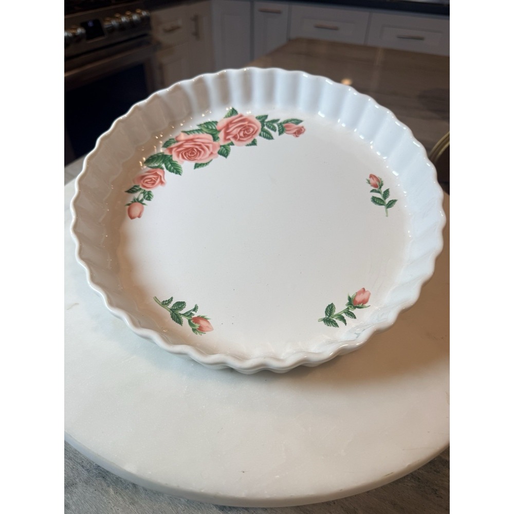 Vintage Christineholm Porcelain Rose Quiche Tart Pie Dish 10in Round Baker